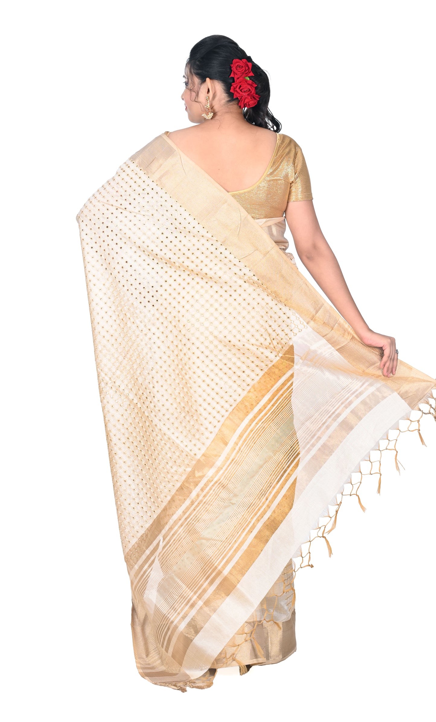 Hand Cutwork Design On Pure Ganchi Tussar Silk Saree With Zari Border