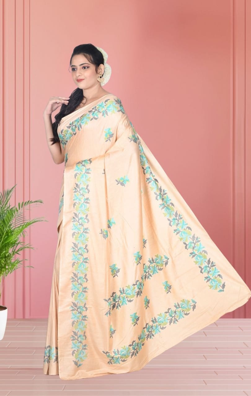 Beige Colour Staple Tussar Silk Saree with Embroidery Work