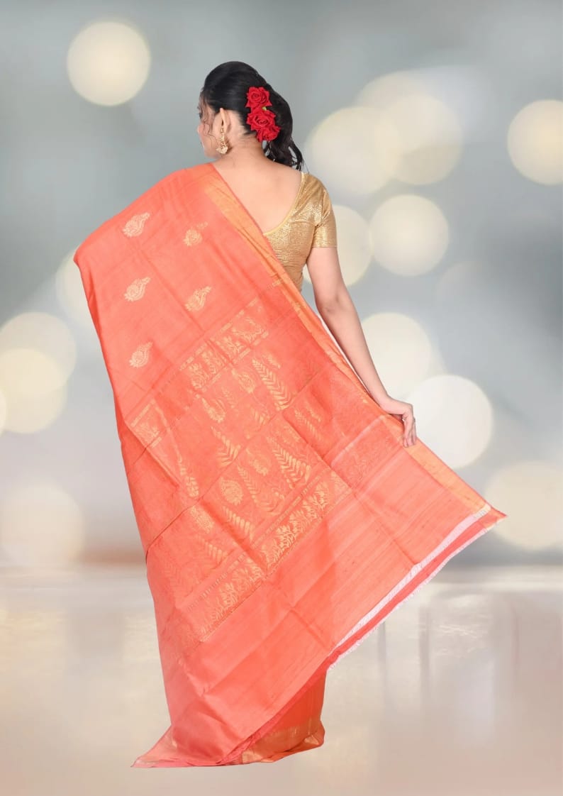 Orange Colour Ganchi Tussar Silk Saree with Munga and Zari Weaved Motifs in the Body and Anchal