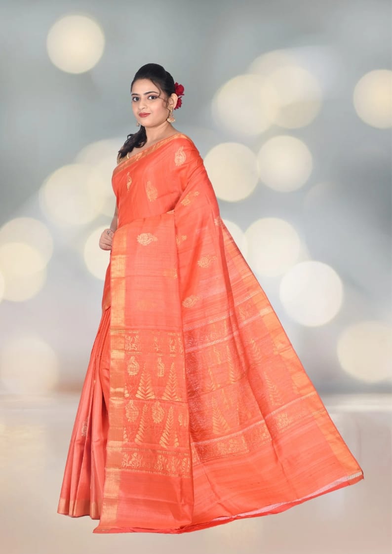 Orange Colour Ganchi Tussar Silk Saree with Munga and Zari Weaved Motifs in the Body and Anchal