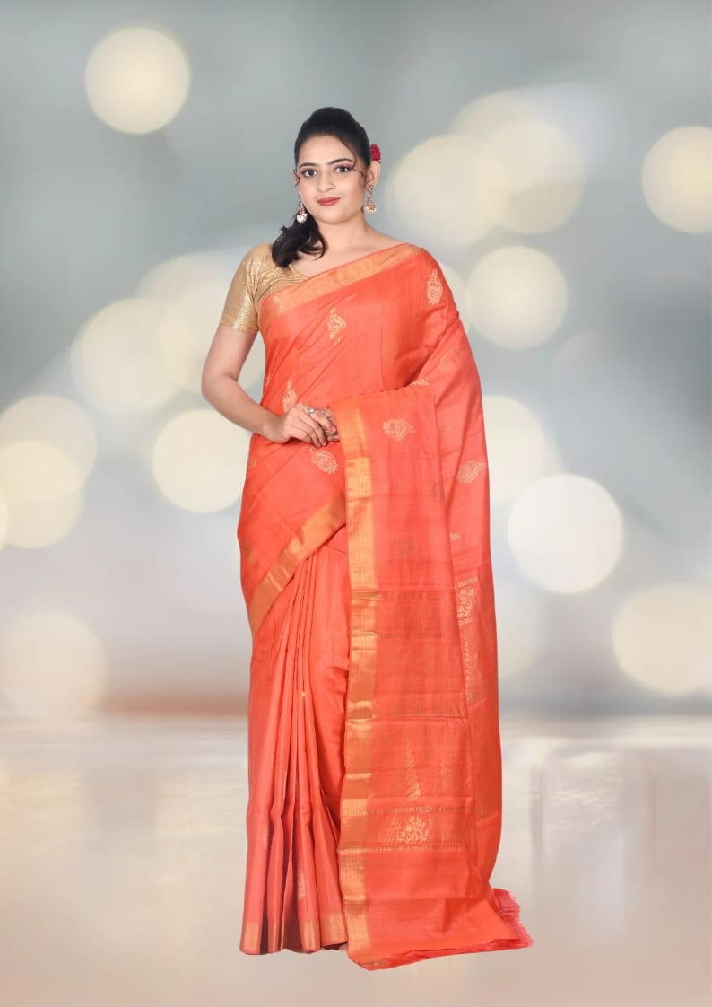 Orange Colour Ganchi Tussar Silk Saree with Munga and Zari Weaved Motifs in the Body and Anchal
