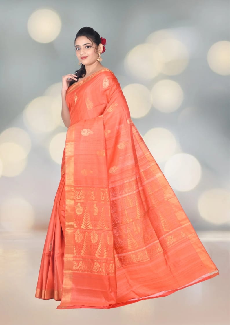 Orange Colour Ganchi Tussar Silk Saree with Munga and Zari Weaved Motifs in the Body and Anchal