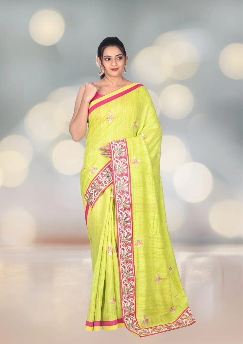 Parot Green Colour Gheecha Tussar Silk Saree with Handmade Zardosi Border