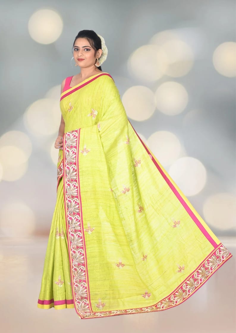 Parot Green Colour Gheecha Tussar Silk Saree with Handmade Zardosi Border