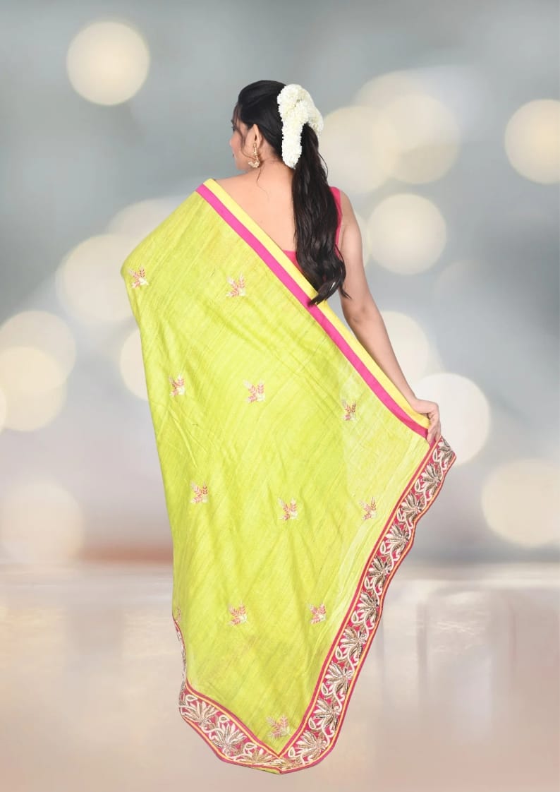 Parot Green Colour Gheecha Tussar Silk Saree with Handmade Zardosi Border