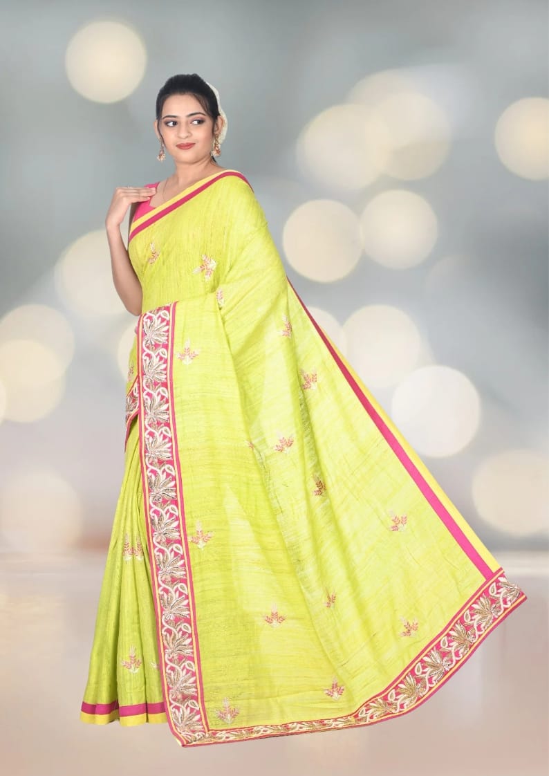 Parot Green Colour Gheecha Tussar Silk Saree with Handmade Zardosi Border