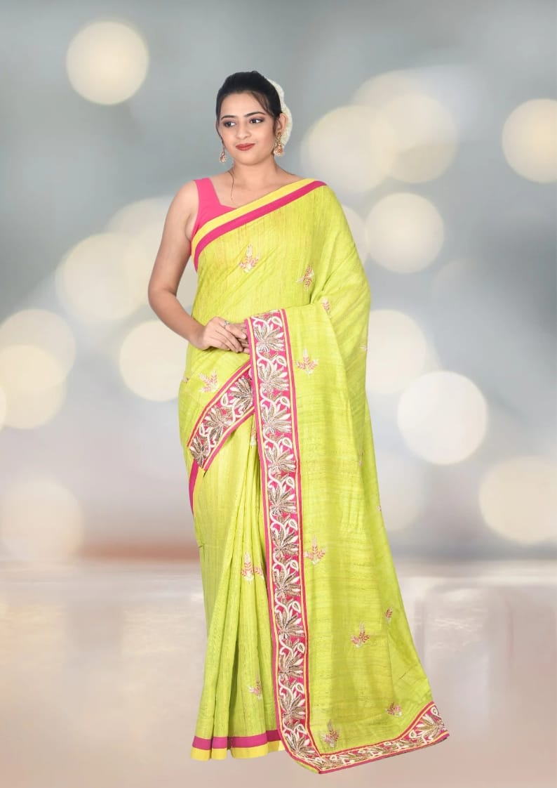 Parot Green Colour Gheecha Tussar Silk Saree with Handmade Zardosi Border