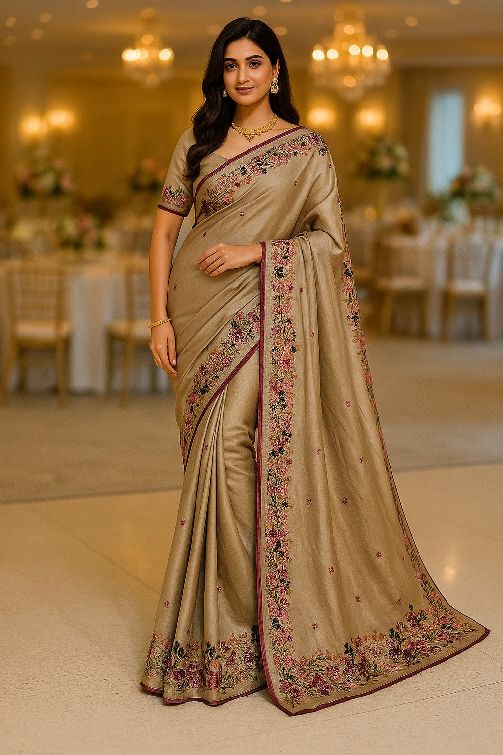 Embroidery Work on Beige Colour Katan Silk