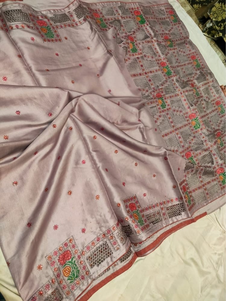Hand Cutwork and Embroidery Work on Light Violate Colour Katan Silk