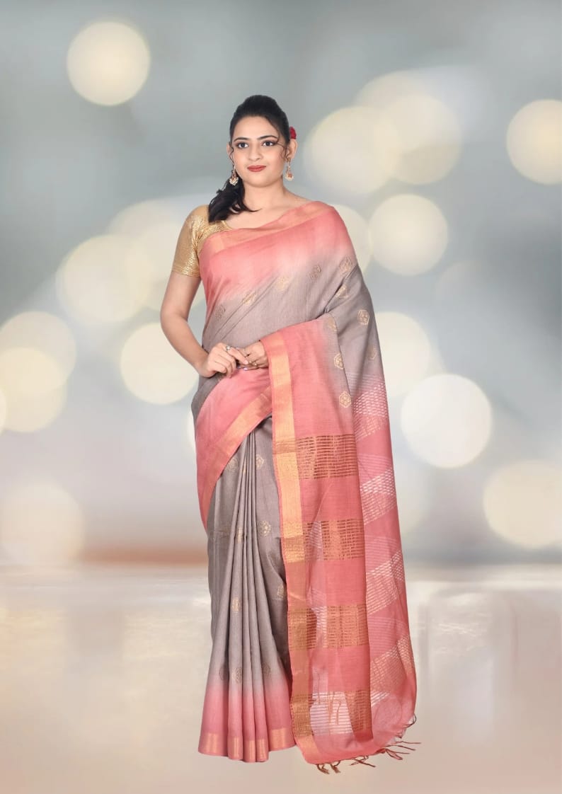 Grey and Rust Colour Semi Tussar Silk with Zari Border and Zari Motifs in the Body