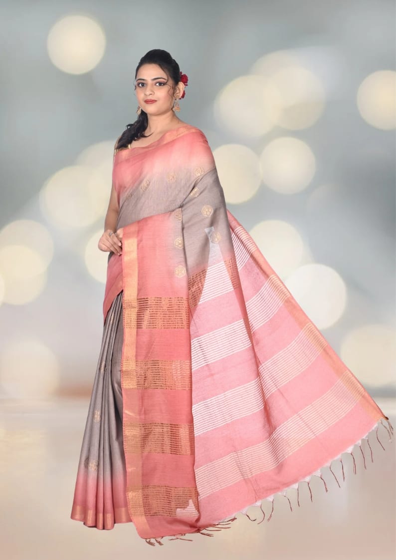 Grey and Rust Colour Semi Tussar Silk with Zari Border and Zari Motifs in the Body