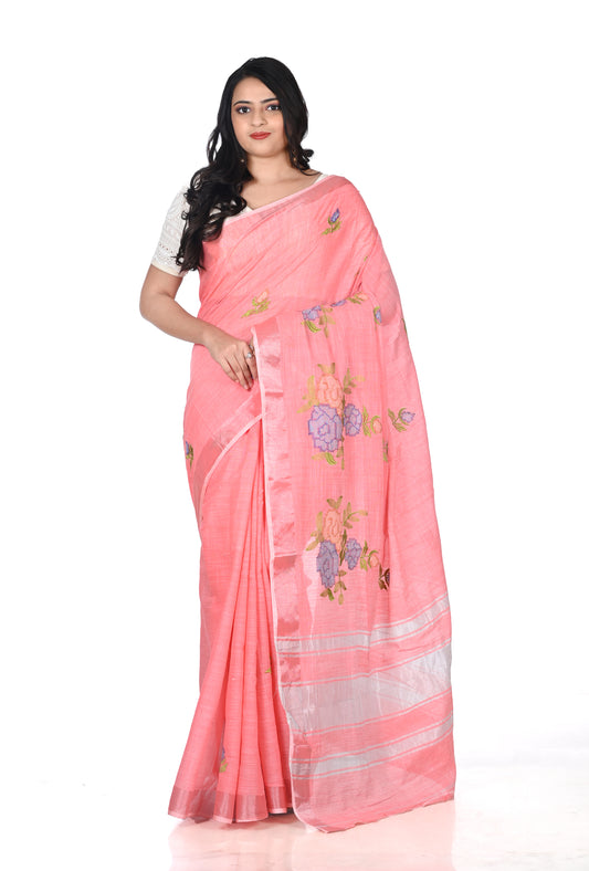Light Orange Embroidered Linen Saree