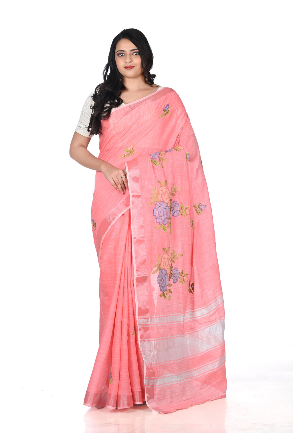 Light Orange Embroidered Linen Saree