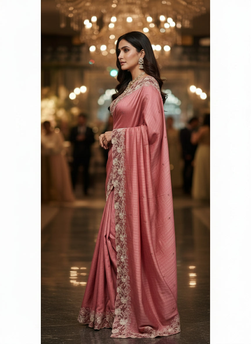 Rose Pink Colour Tussar Silk with Cutwork Design