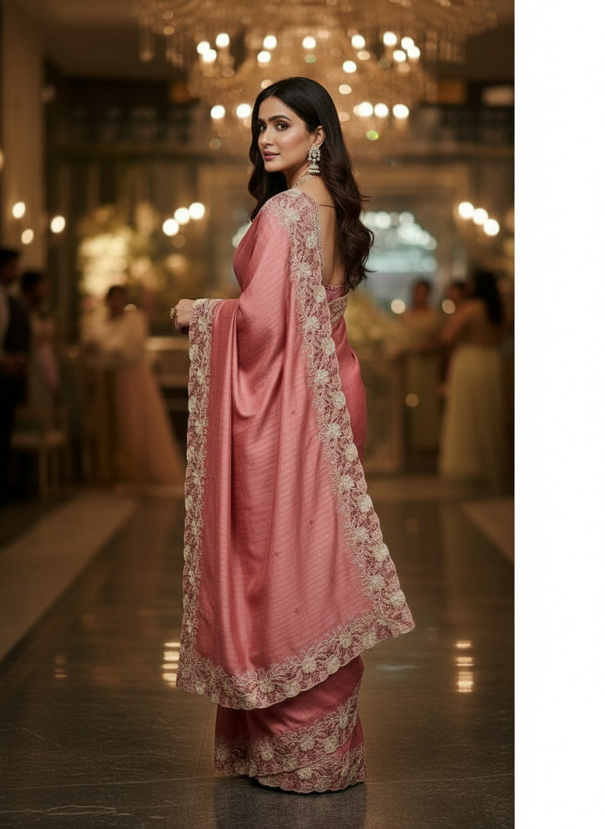 Rose Pink Colour Tussar Silk with Cutwork Design