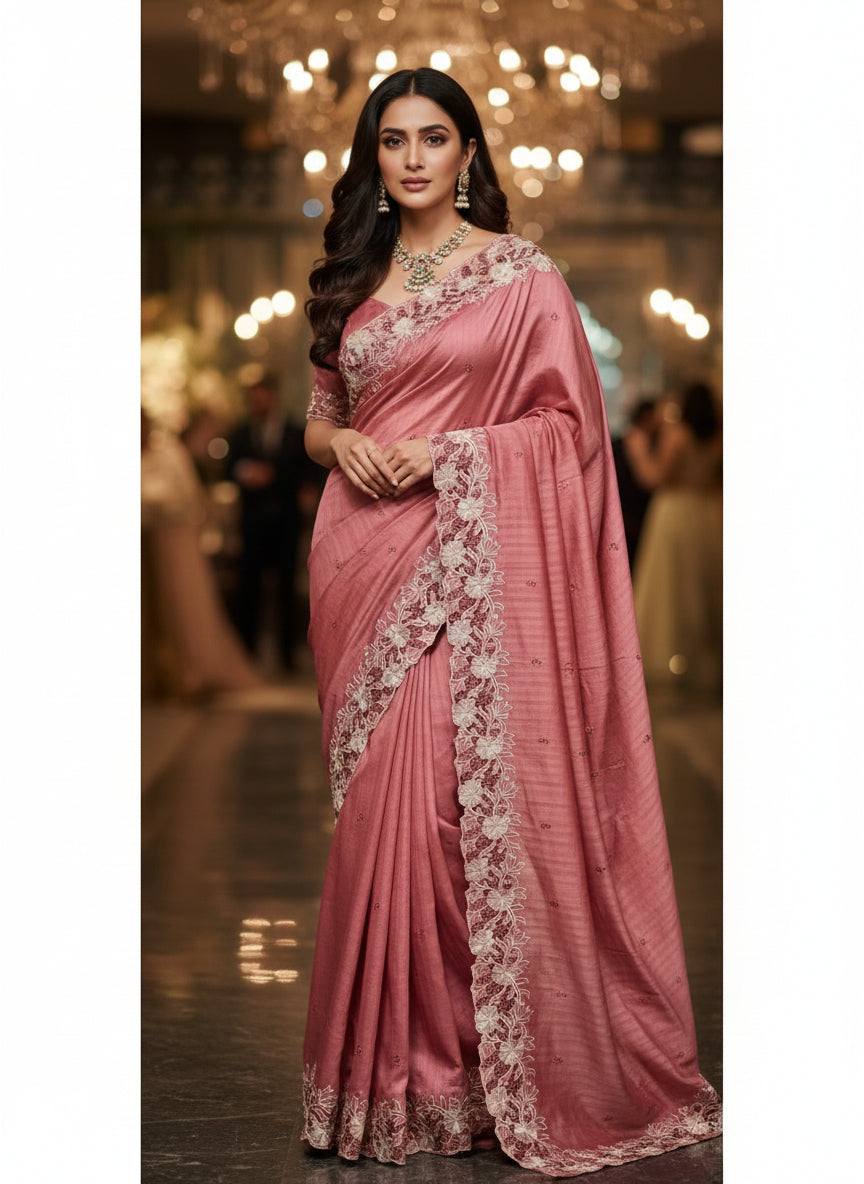 Rose Pink Colour Tussar Silk with Cutwork Design