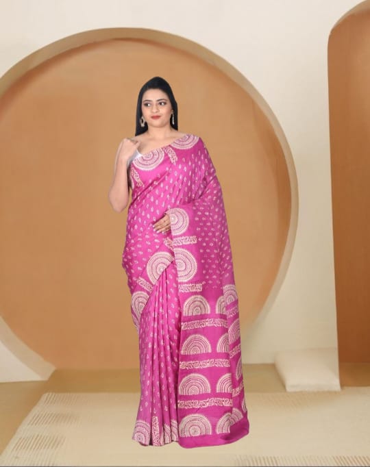 Pink and White Hand Block Printed and Embroidered Mulberry Katan Silk