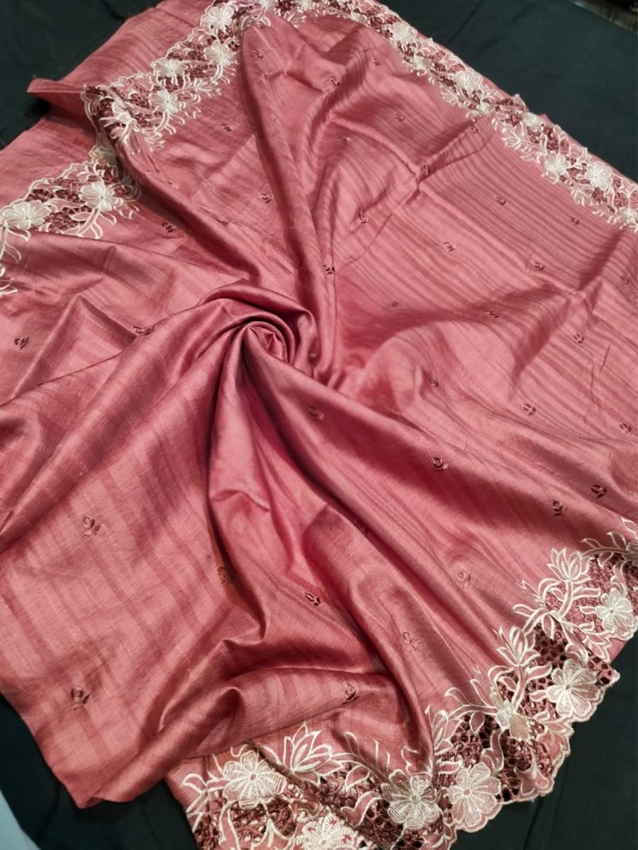 Rose Pink Colour Tussar Silk with Cutwork Design