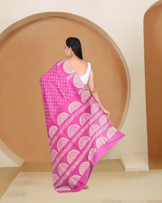 Pink and White Hand Block Printed and Embroidered Mulberry Katan Silk