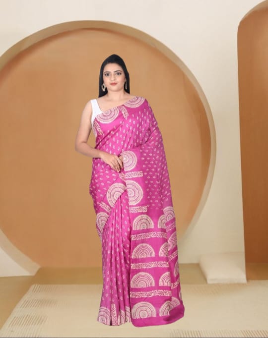 Pink and White Hand Block Printed and Embroidered Mulberry Katan Silk