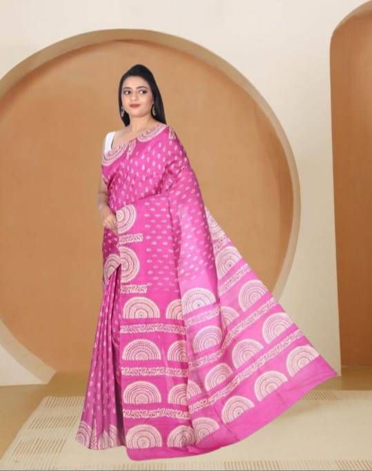 Pink and White Hand Block Printed and Embroidered Mulberry Katan Silk