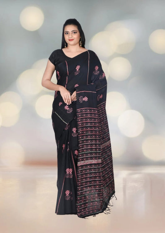 Pink Colour Hand Kantha Embroidery Work on Black Khadi Cotton Saree