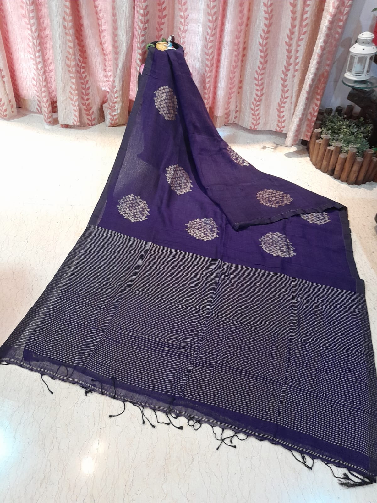 Deep Purple Colour Organic Linen Banarasi with Zari Weaved Design