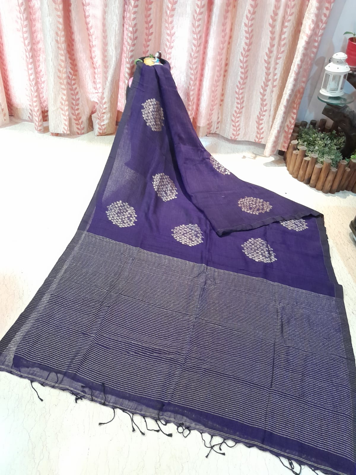 Deep Purple Colour Organic Linen Banarasi with Zari Weaved Design