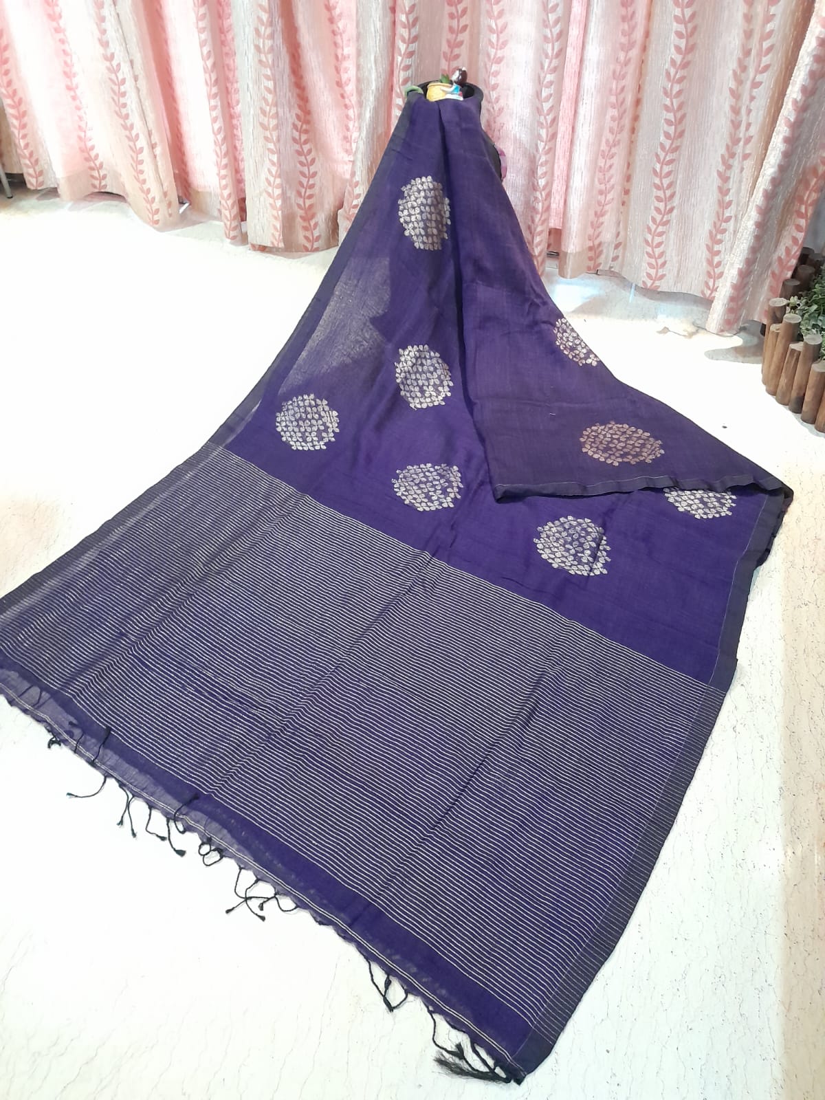 Deep Purple Colour Organic Linen Banarasi with Zari Weaved Design