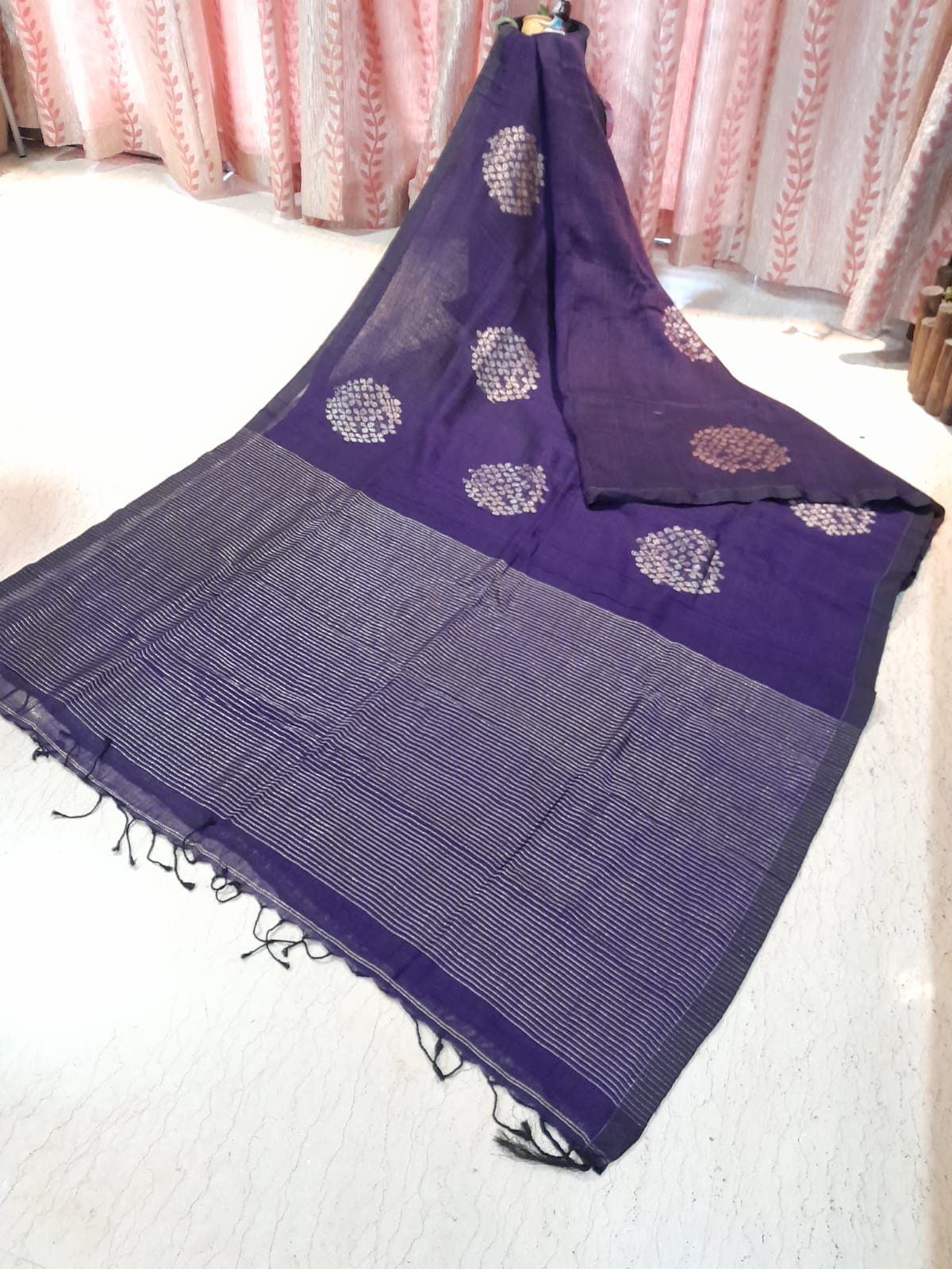 Deep Purple Colour Organic Linen Banarasi with Zari Weaved Design