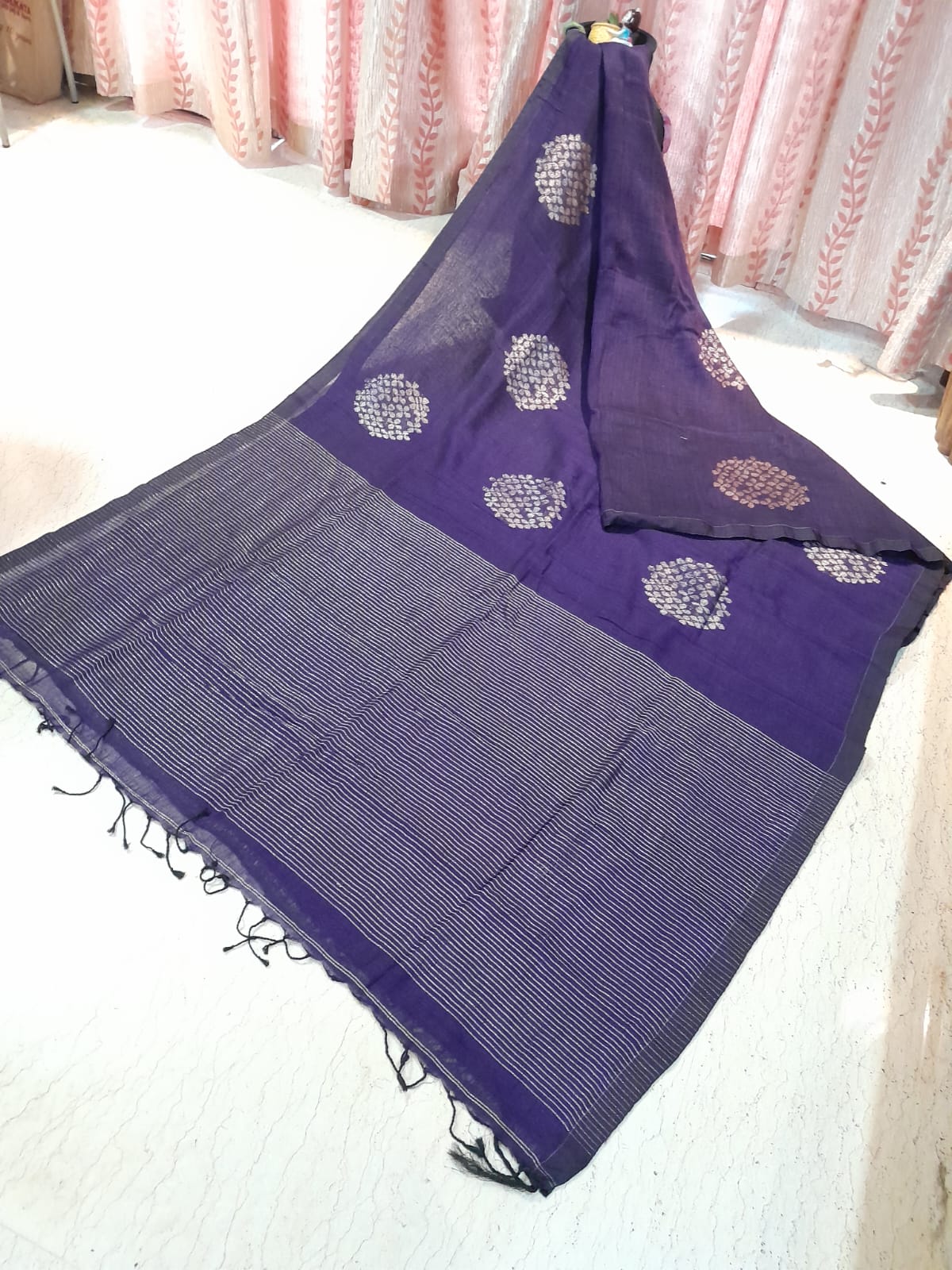 Deep Purple Colour Organic Linen Banarasi with Zari Weaved Design