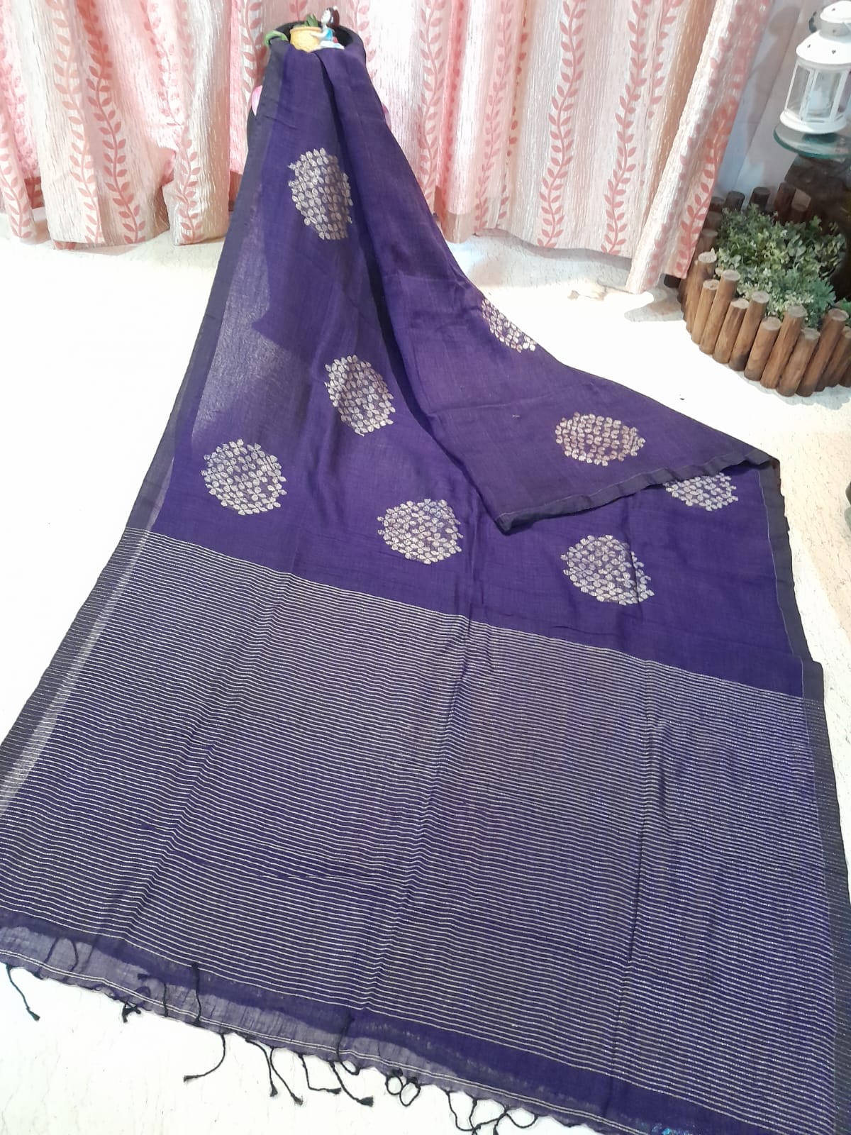 Deep Purple Colour Organic Linen Banarasi with Zari Weaved Design