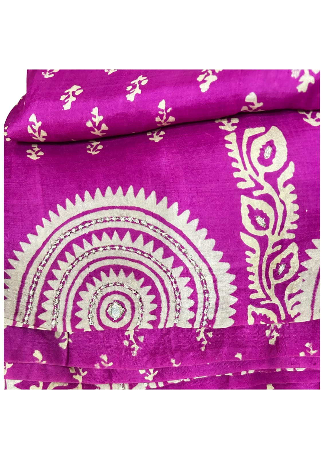 Pink and White Hand Block Printed and Embroidered Mulberry Katan Silk