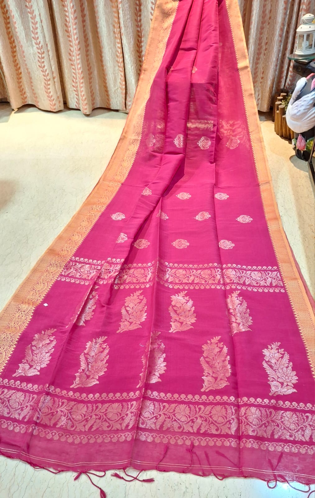 Magenta Pink Colour Organic Linen Banarasi with Zari Weaved Design