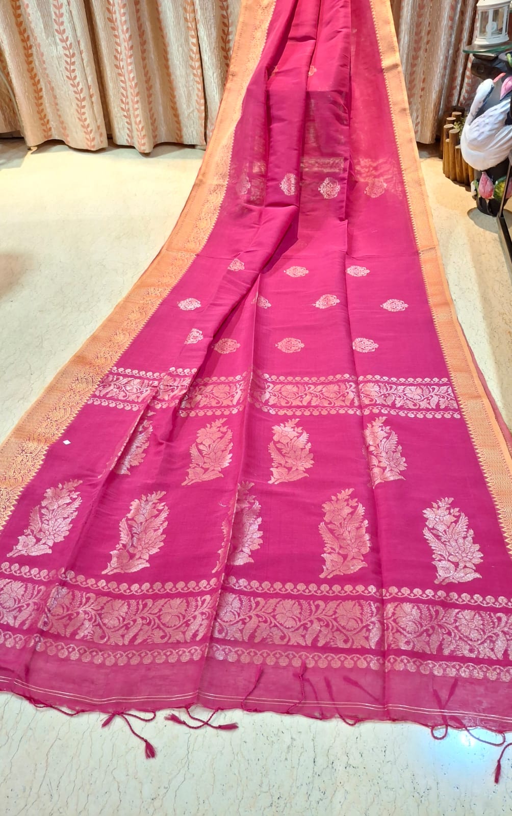 Magenta Pink Colour Organic Linen Banarasi with Zari Weaved Design