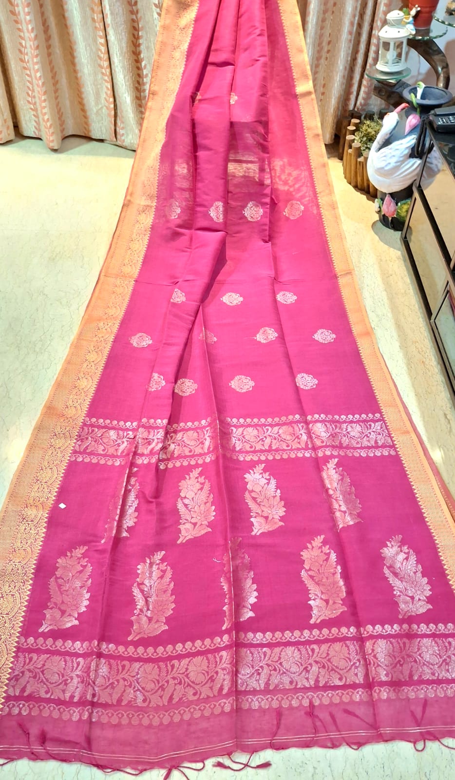Magenta Pink Colour Organic Linen Banarasi with Zari Weaved Design