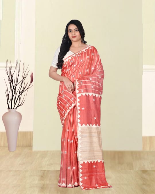 Hand Kantha Embroidery Work, Hand Applique Work and Hand Mirror Work on Red Colour Bhagalpuri Tussar by Katan silk