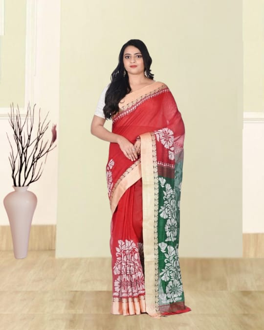 White Colour Kantha Embroidery Work on Red and Green Colour Cotton Silk