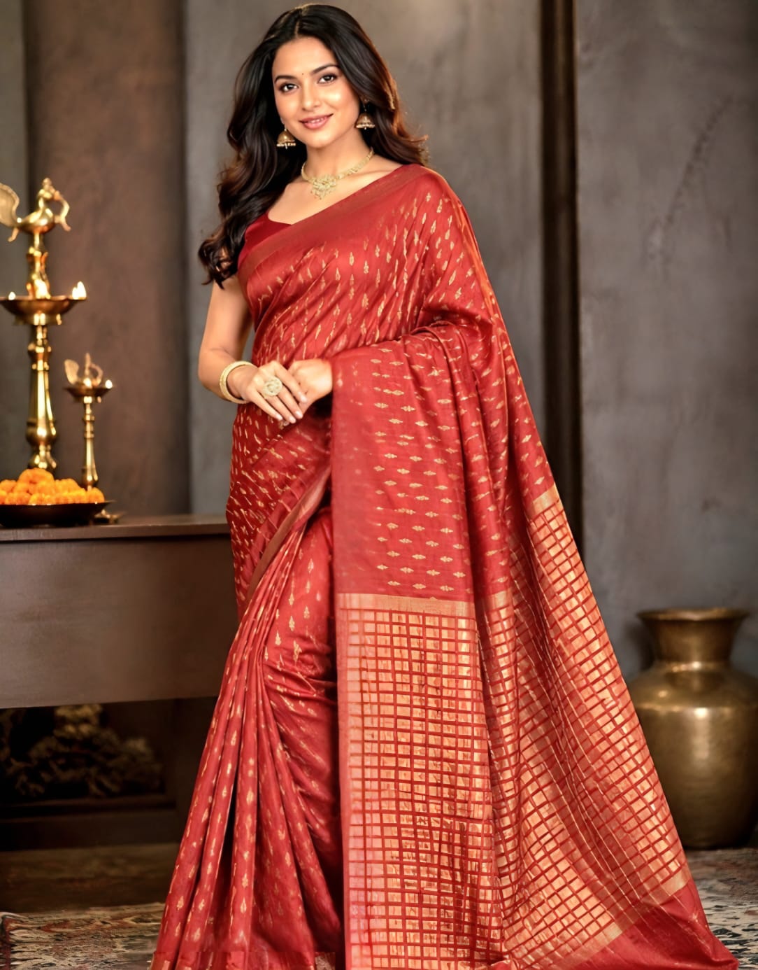 Red Matka Silk with Small Weaved Motifs in the Body and Weaved Design in the Anchal