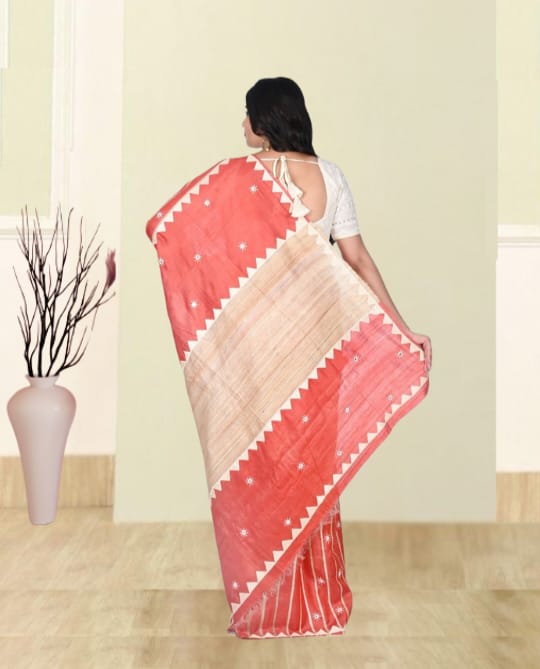 Hand Kantha Embroidery Work, Hand Applique Work and Hand Mirror Work on Red Colour Bhagalpuri Tussar by Katan silk