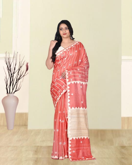 Hand Kantha Embroidery Work, Hand Applique Work and Hand Mirror Work on Red Colour Bhagalpuri Tussar by Katan silk