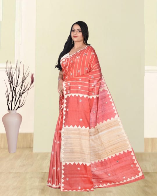 Hand Kantha Embroidery Work, Hand Applique Work and Hand Mirror Work on Red Colour Bhagalpuri Tussar by Katan silk