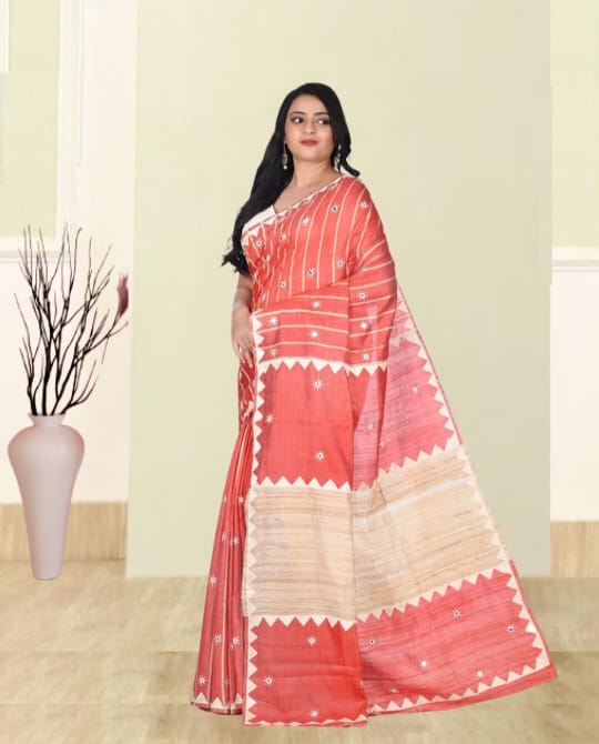 Hand Kantha Embroidery Work, Hand Applique Work and Hand Mirror Work on Red Colour Bhagalpuri Tussar by Katan silk