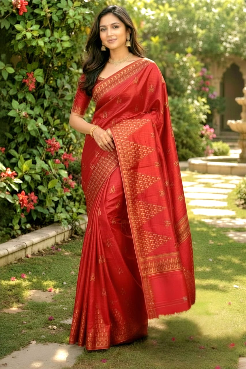 Dark Orange Colour Tusar Silk Saree with Embroidery Work in the Body and Border