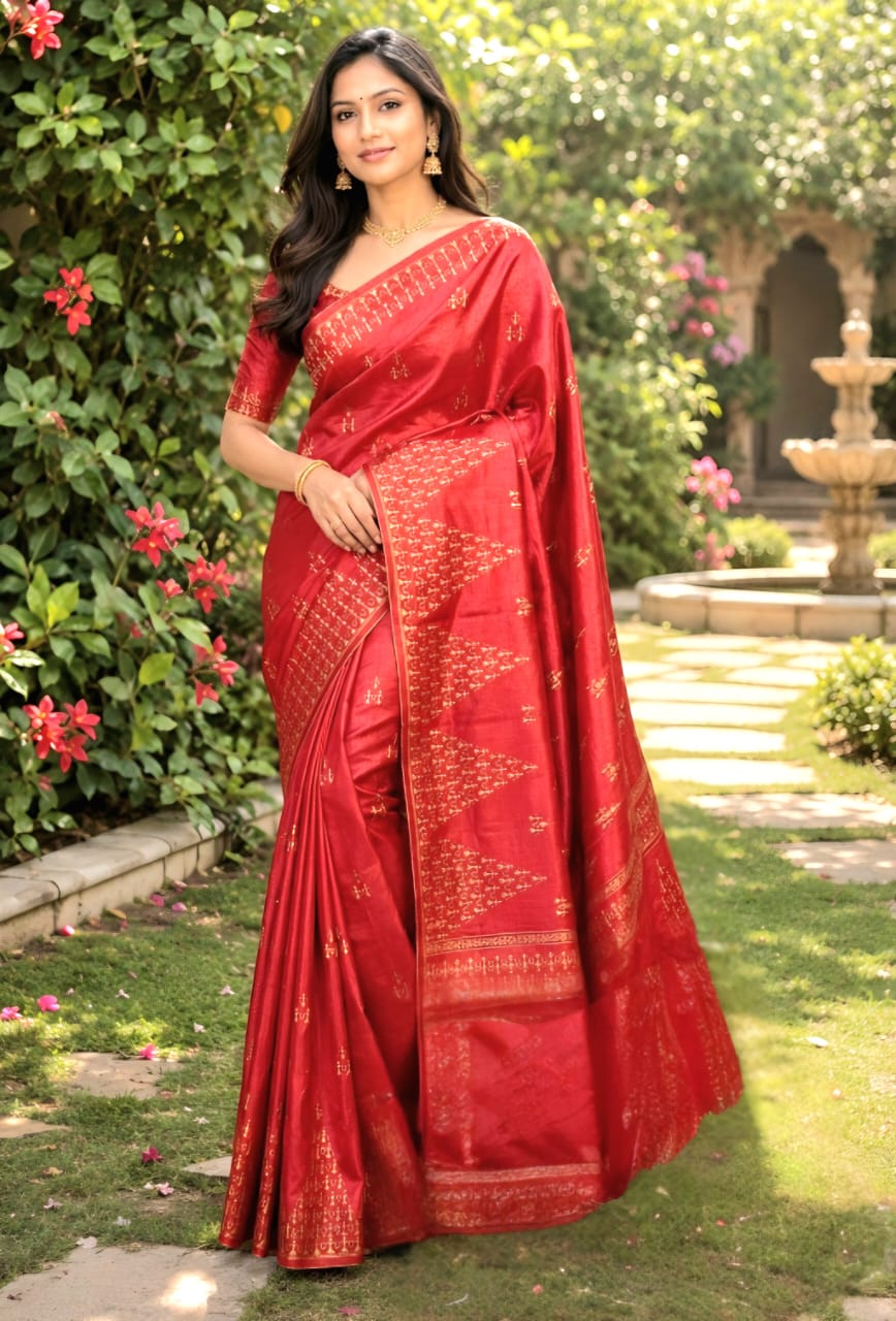 Dark Orange Colour Tusar Silk Saree with Embroidery Work in the Body and Border