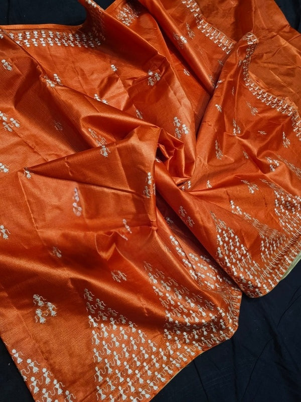 Dark Orange Colour Tusar Silk Saree with Embroidery Work in the Body and Border
