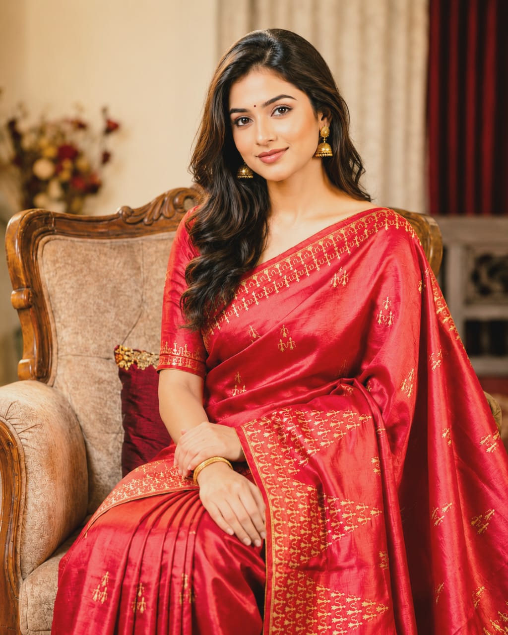 Dark Orange Colour Tusar Silk Saree with Embroidery Work in the Body and Border