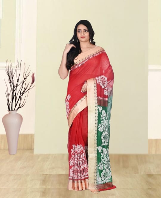 White Colour Kantha Embroidery Work on Red and Green Colour Cotton Silk