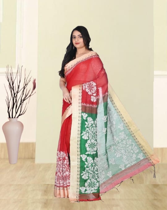 White Colour Kantha Embroidery Work on Red and Green Colour Cotton Silk