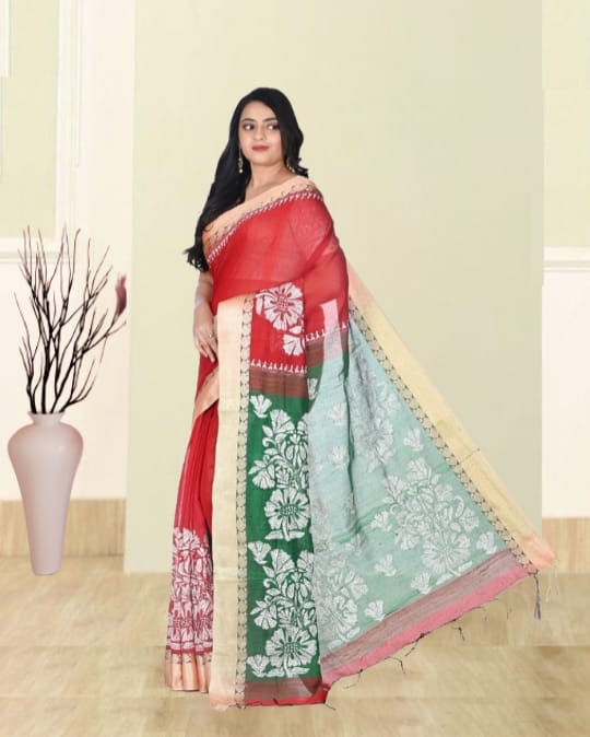 White Colour Kantha Embroidery Work on Red and Green Colour Cotton Silk